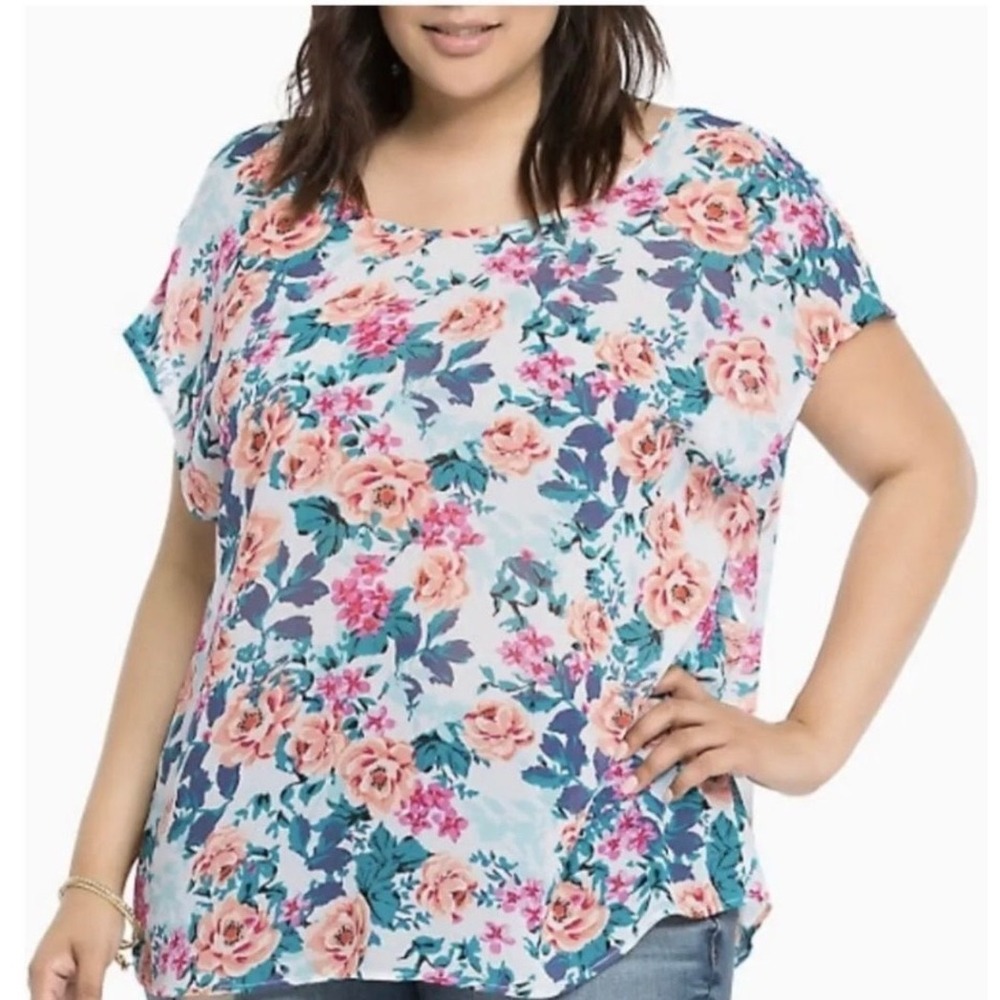 Torrid Women 2X Floral Rose Chiffon Bow Back Dolman Short Sleeve White Top Mesh